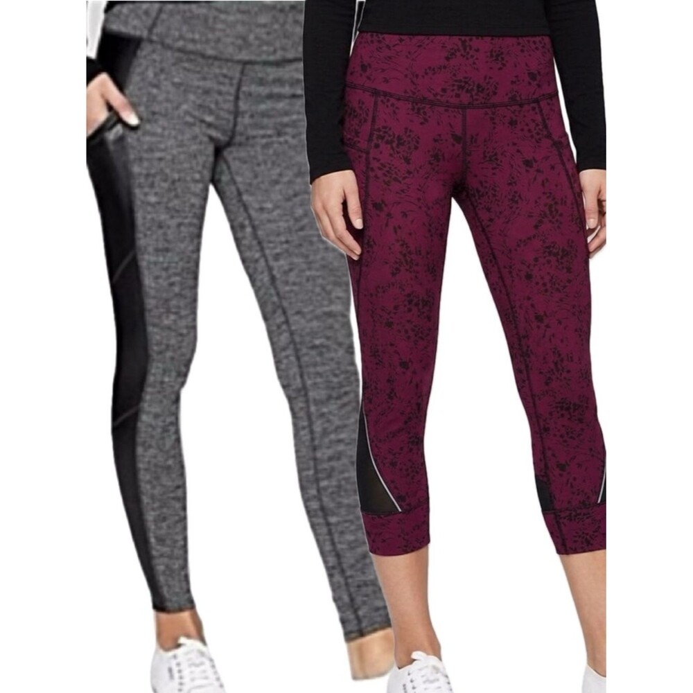 Athleta Leggings Bundle Size M Herringbone Faux Leather & Floral Cropped Capri